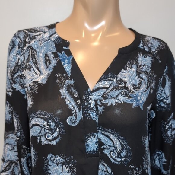 3/$20 Rickis Paisley Shirt Dress Vneck Long Sleeve Mini Tunic Navy Blue Size XS - Picture 4 of 14